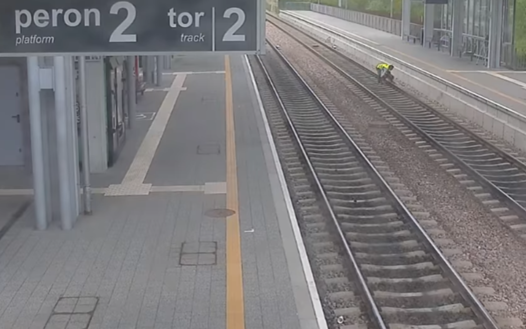 Pracownik PKM pomaga psu dostać się z torów na peron (fot. kadr z filmu)