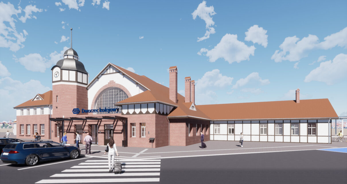 Dworzec kolejowy w Kołobrzegu, widok od strony miasta (wizualizacja)