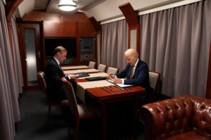 Joe Biden w wagonie zmodernizowanym przez PESA Bydgoszcz. Droga do Kijowa (fot. To zdjęcie przejdzie do historii. Tak podróżował Joe Biden Źródło: Twitter @nickschifrin)